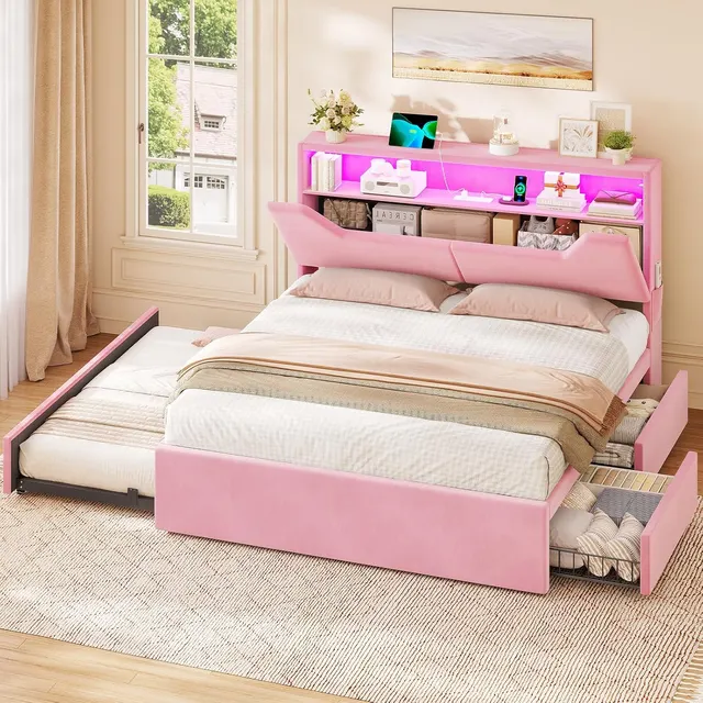 MSmask Velvet Trundle Bed, Pink, Full
