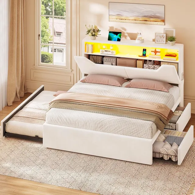 MSmask Velvet Trundle Bed, Beige, Full