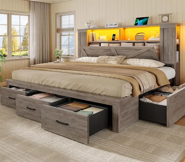 MSmask Farmhouse Bed with 7 Drawers, Grey, King