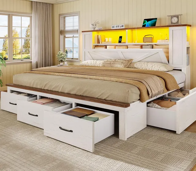MSmask Farmhouse Bed with 7 Drawers, White, King