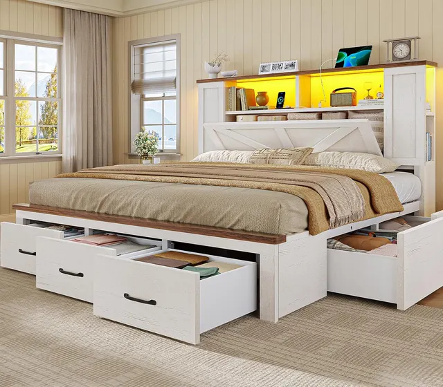 MSmask Farmhouse Bed with 7 Drawers, White, Queen