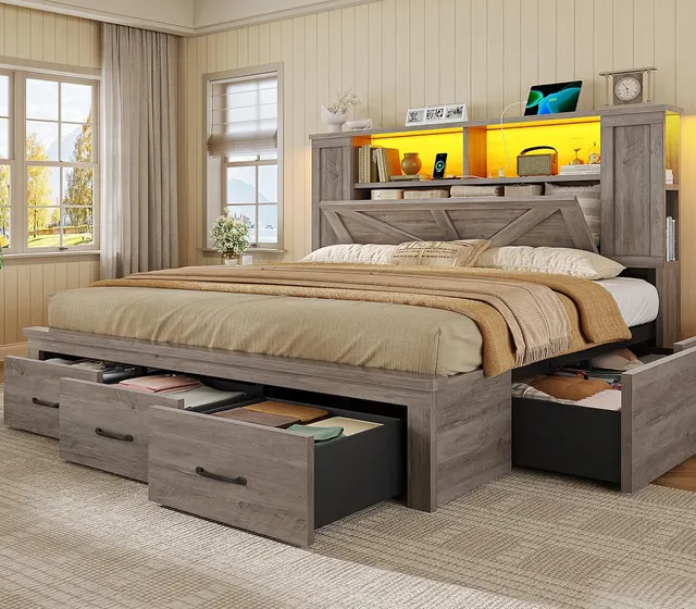 MSmask Farmhouse Bed with 7 Drawers, Grey, Queen