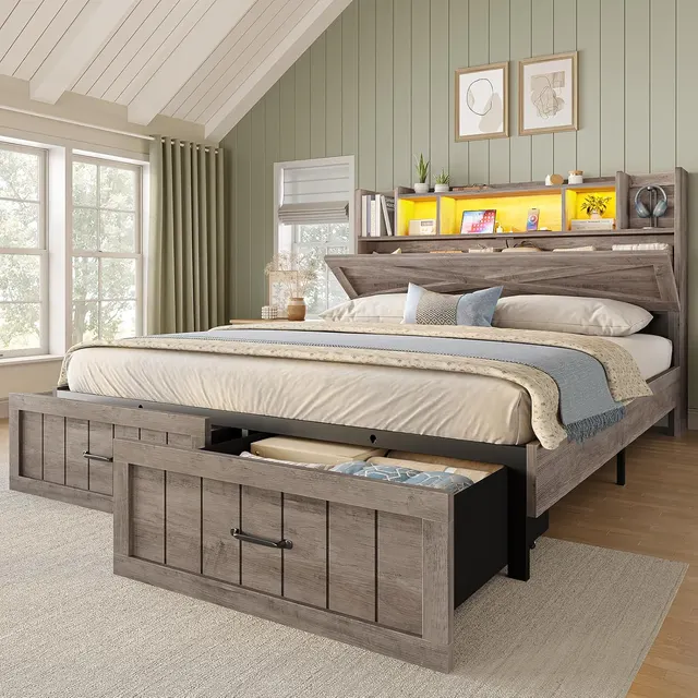 MSmask Farmhouse X-Headboard Bed with 2 Drawers, Grey, Full