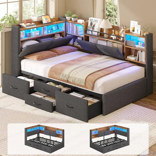 MSmask Upholstered Corner Daybed with Bookcase, Grey, Twin