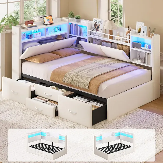 MSmask Upholstered Corner Daybed with Bookcase, Beige, Twin