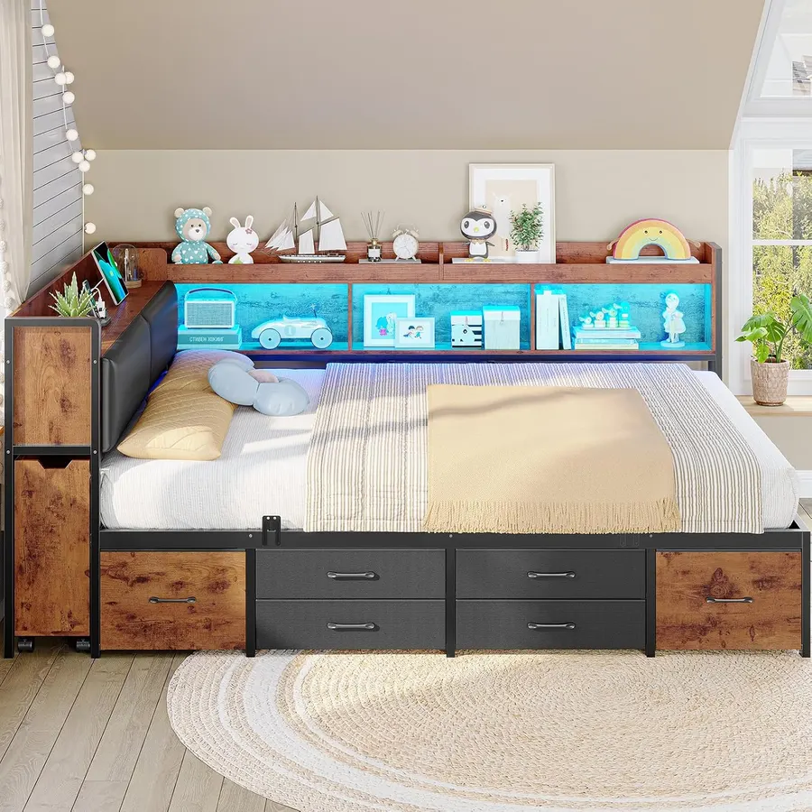 MSmask Corner Bed with Pull-Out Cabinet